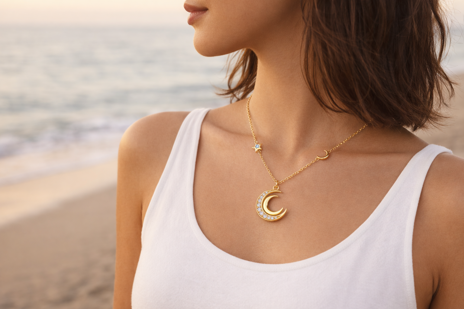 Woman wearing a gold necklace with a moon pendant on a beach