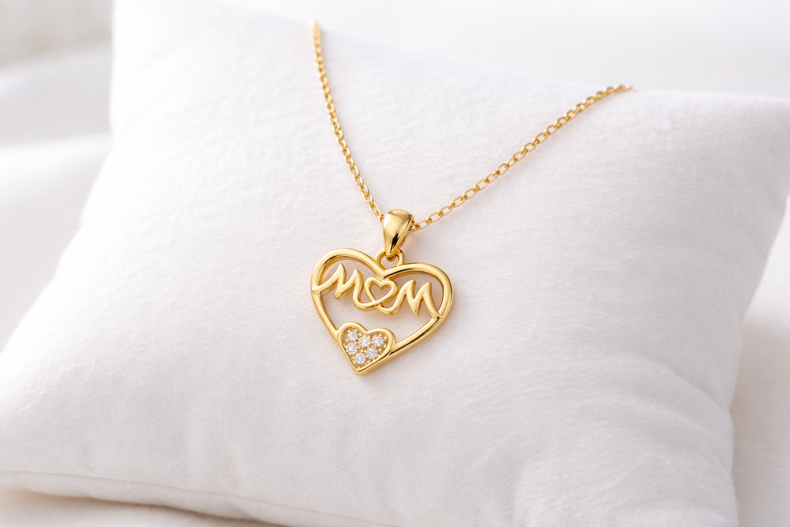 Gold necklace with a heart-shaped pendant on a white cushion