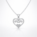 Silver necklace with a heart-shaped pendant featuring the word 'mom'.