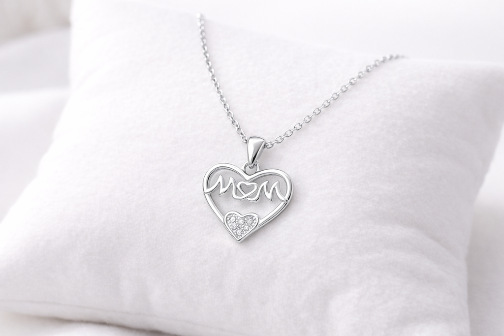 Silver necklace with a heart-shaped pendant on a white cushion
