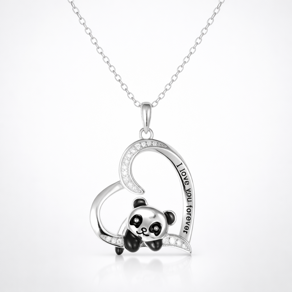 Silver panda pendant necklace on a white background