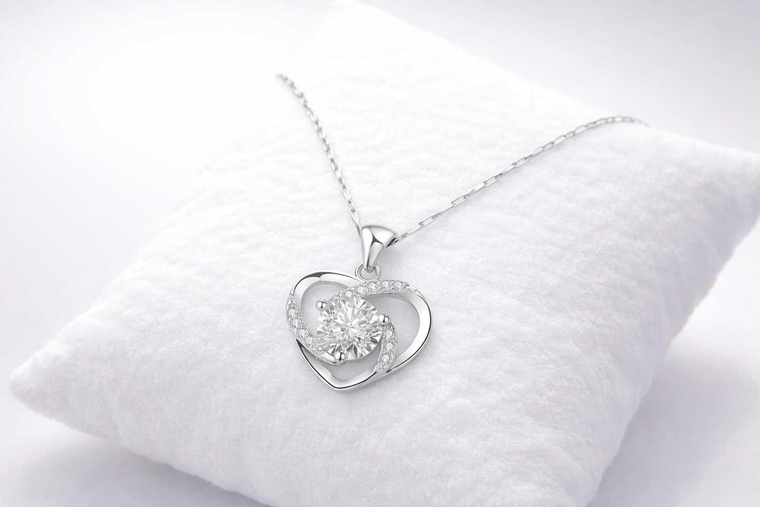 Silver heart-shaped pendant on a white cushion