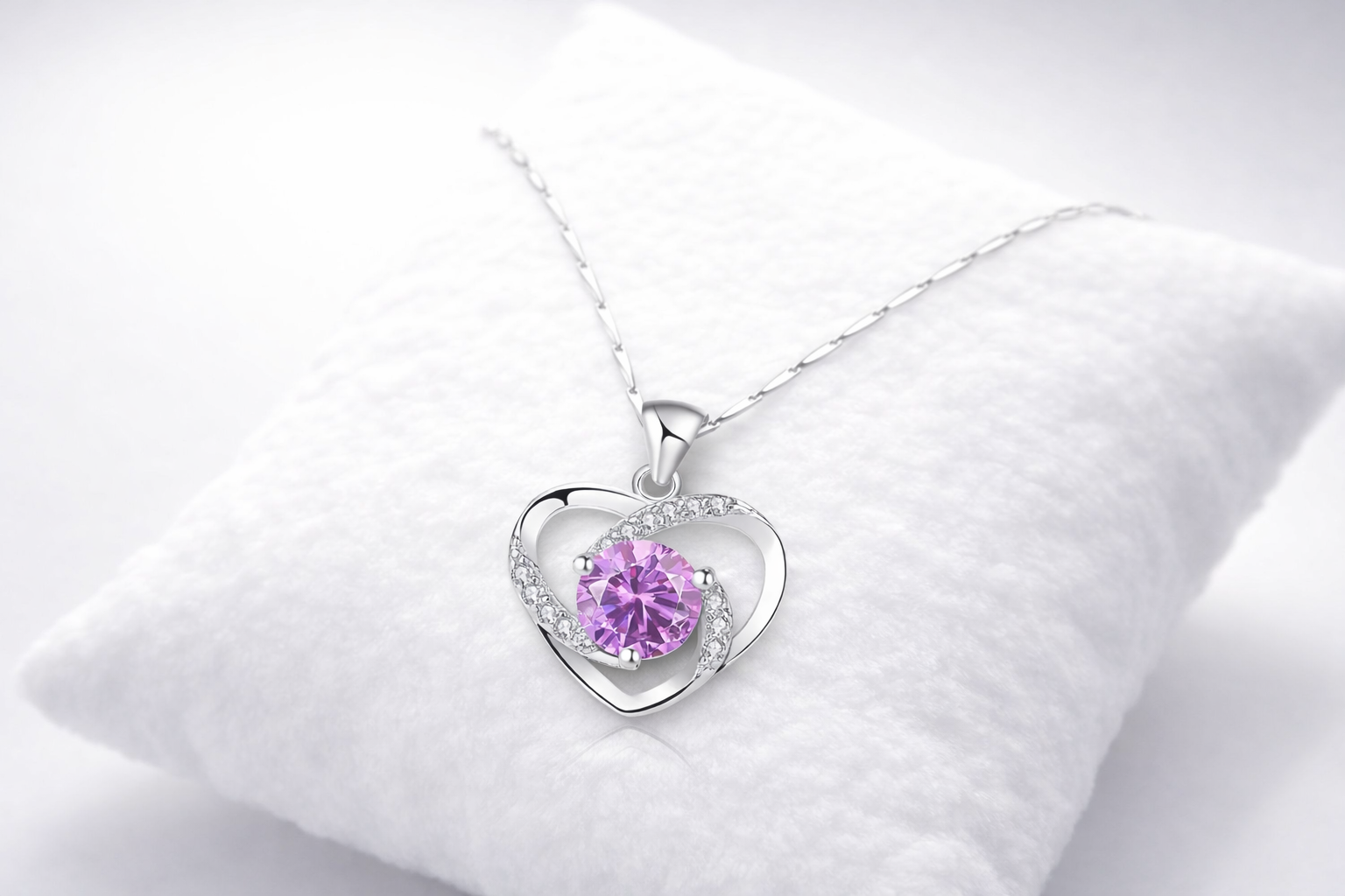 Heart-shaped silver necklace with a pink gemstone on a white cushion