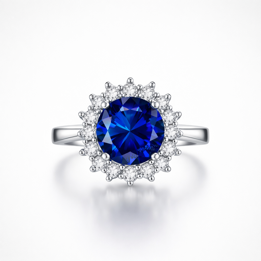 Ring with a blue gemstone and diamond-studded halo on a white background