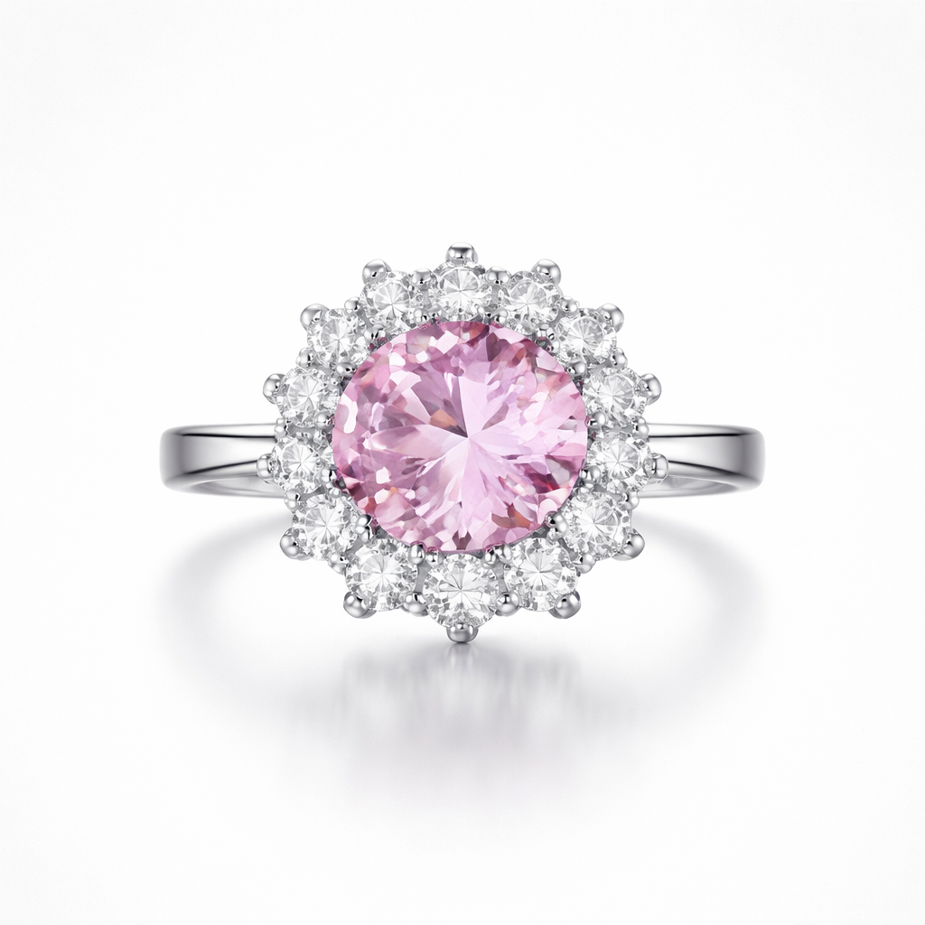 Ring with a pink gemstone and diamond-studded halo on a white background