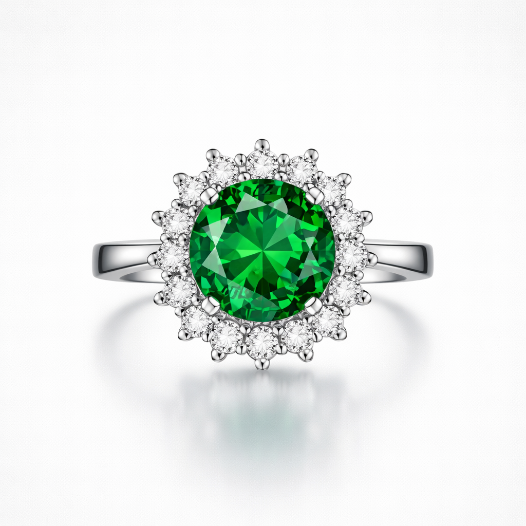 Ring with a green gemstone and diamond-studded halo on a white background