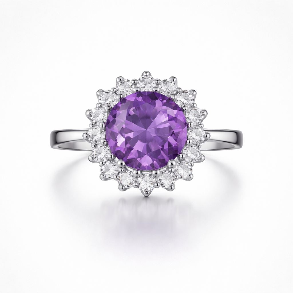Ring with a purple gemstone and diamond-studded halo on a white background