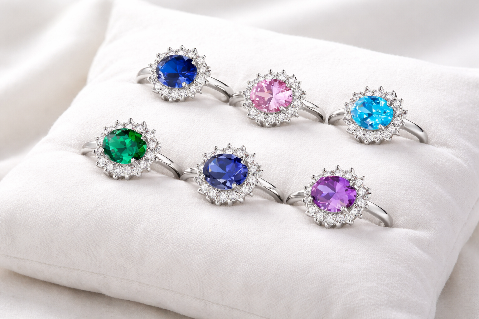 Set of five silver rings with colorful gemstones on a white cushion