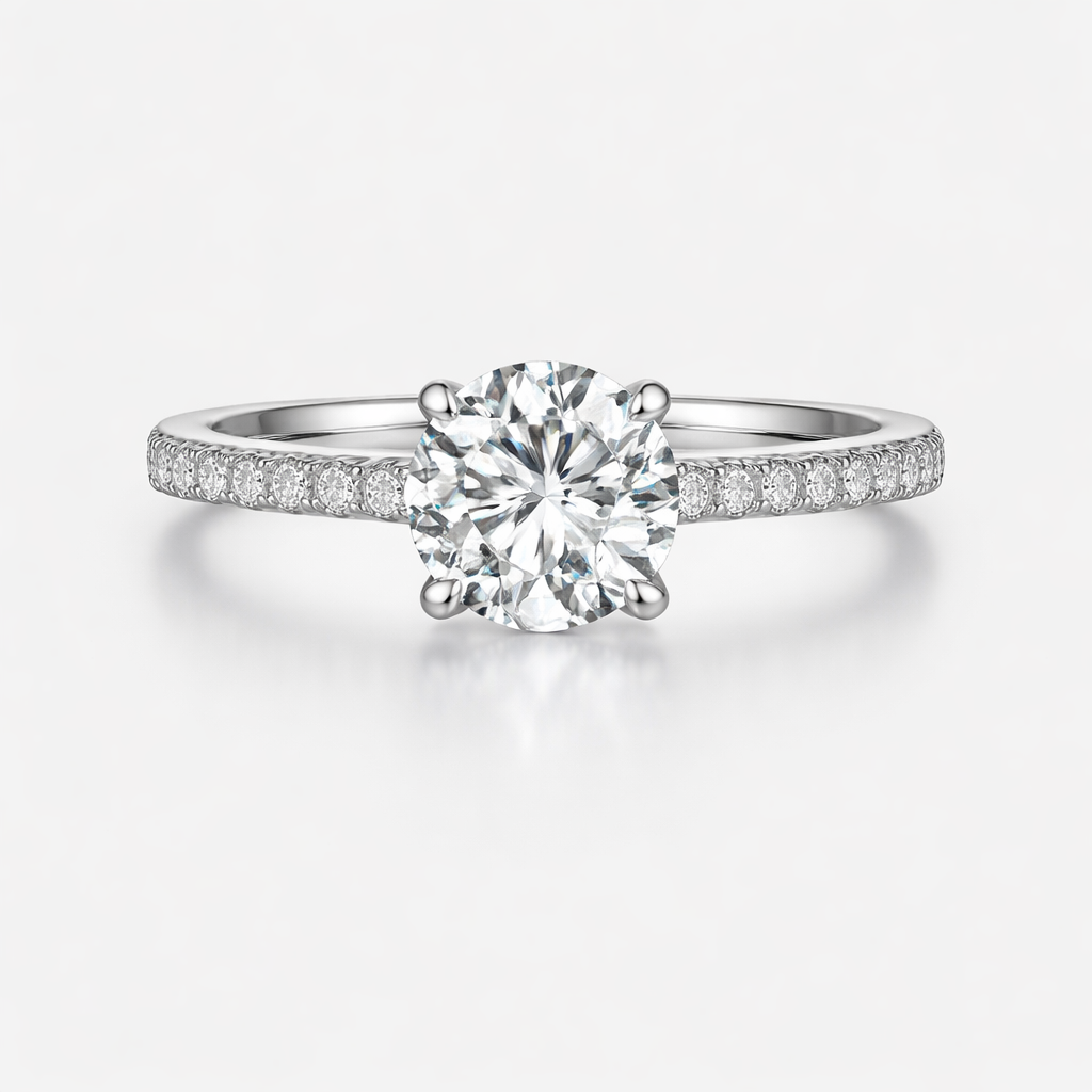 silver diamond ring on white background