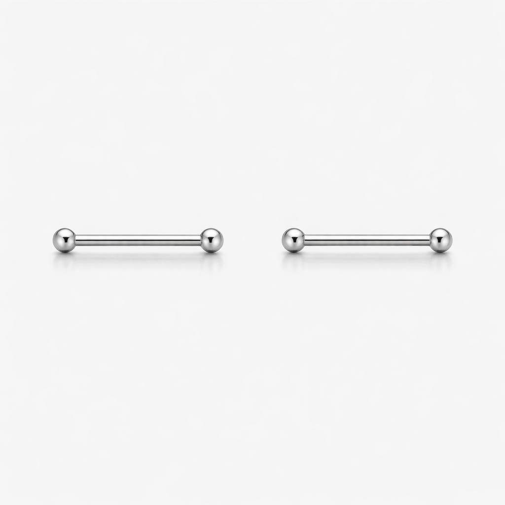 Pair of silver barbell earrings on a white background