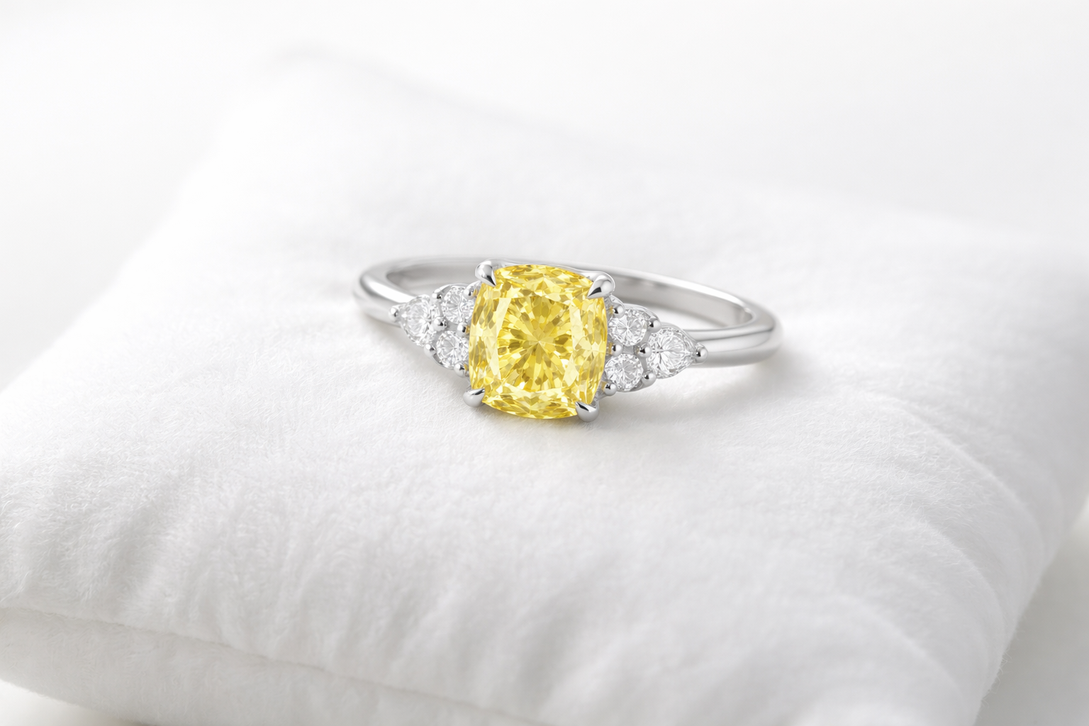 Ring with a yellow gemstone on a white cushion