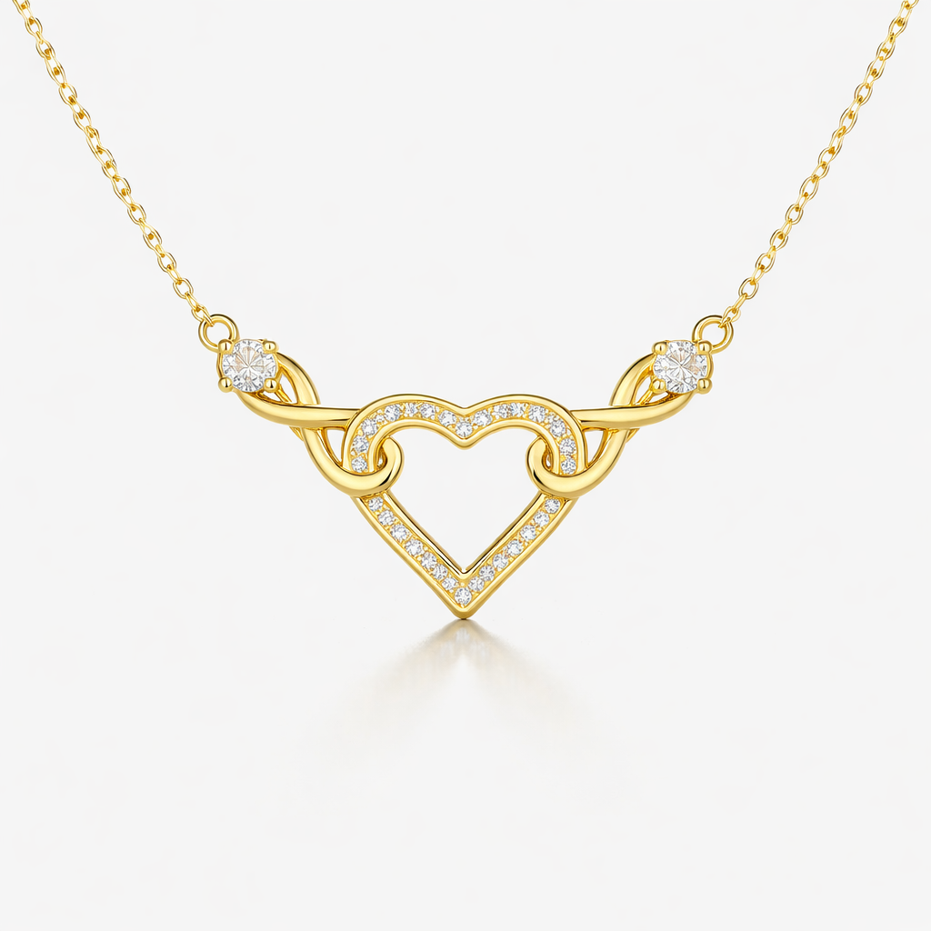 Gold necklace with a heart-shaped pendant on a white background