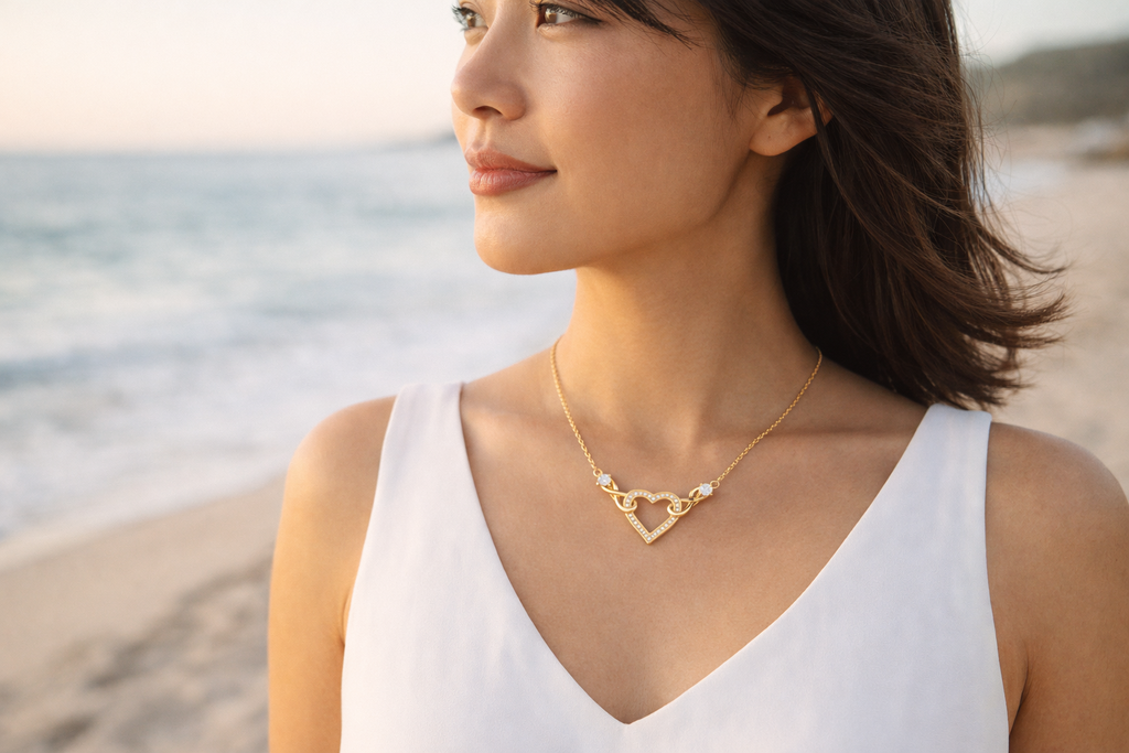 Woman wearing a gold necklace with a heart design on a beach