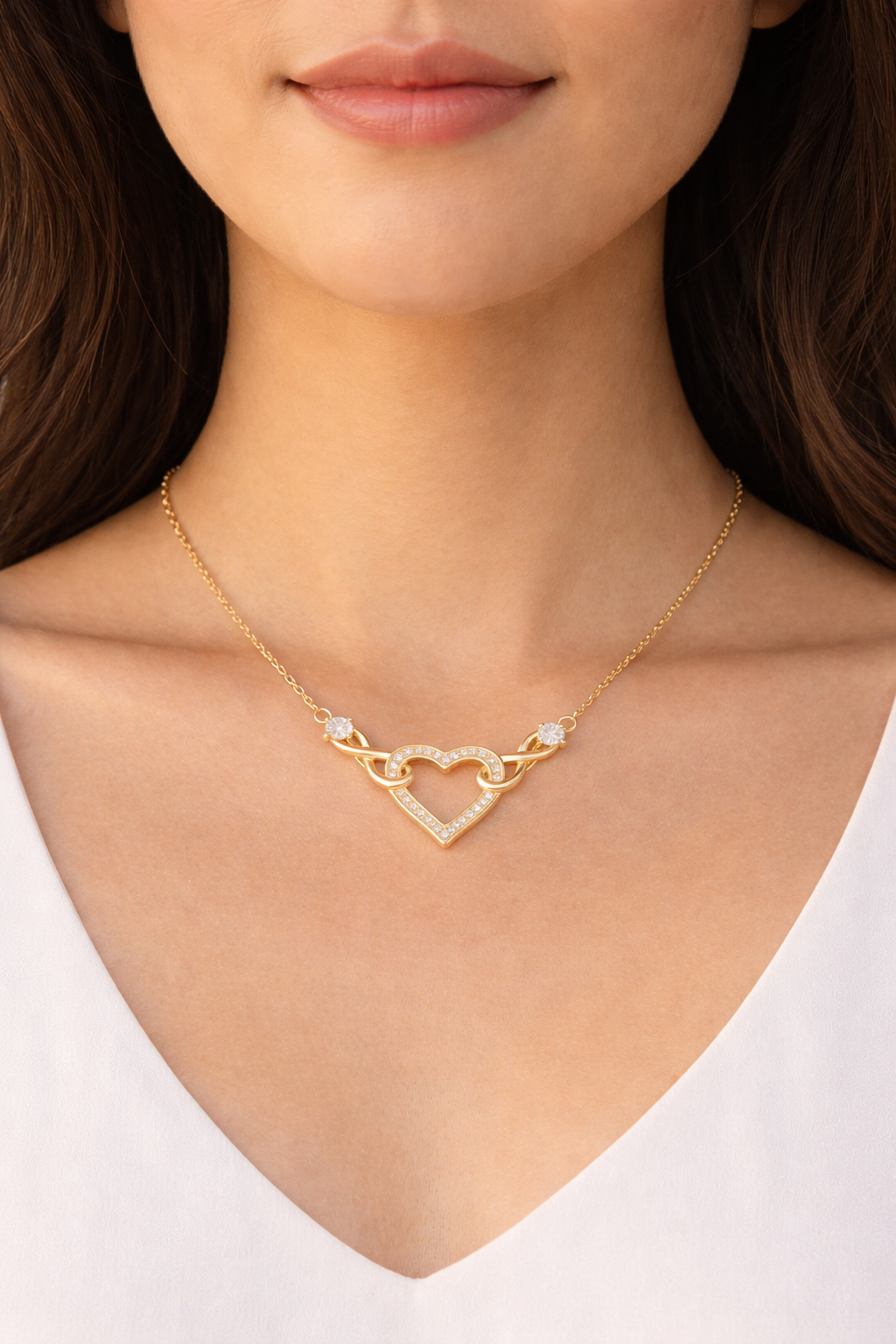 Gold necklace with a heart design worn by a person against a white background