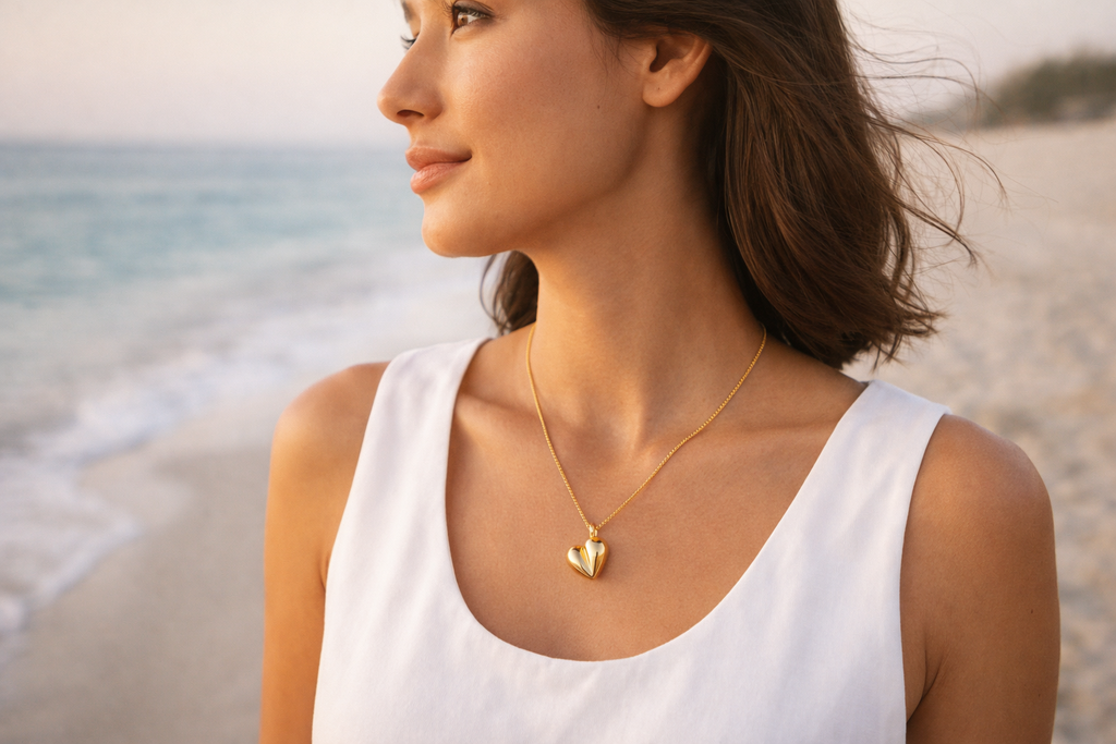 gold necklace beach woman