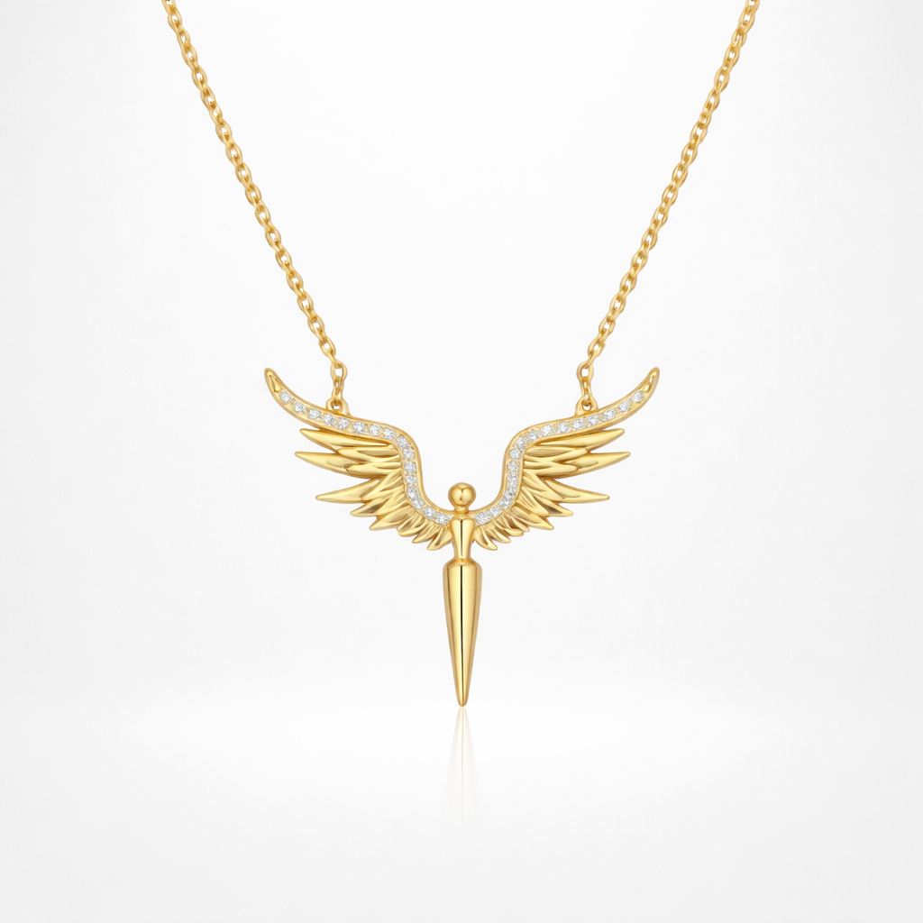 Gold necklace with angel wing pendant on a white background