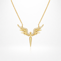 Gold necklace with angel wing pendant on a white background