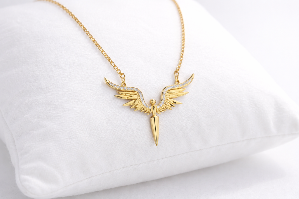 Gold necklace with a unique pendant on a white background