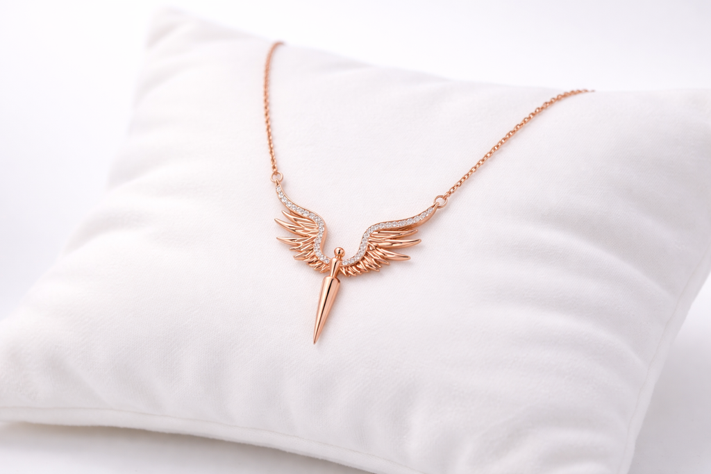 Rose gold necklace with wing design on a white pillow