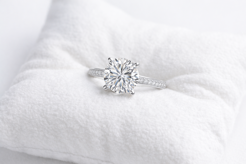 Diamond ring on a white cushion