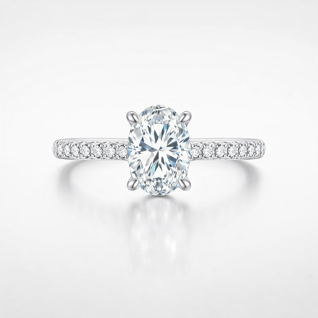 Diamond ring with a large central gemstone and smaller stones on a light gray background